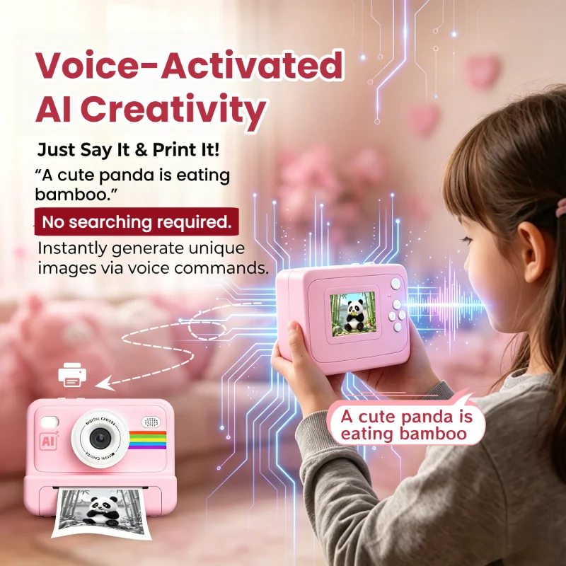 AI Voice-Controlled Instant Camera 1080p HD Effects 5-in-1 Multifunctional Kit with Photo Paper Stickers 8GB Memory Card & Card Reader for Fun Photos