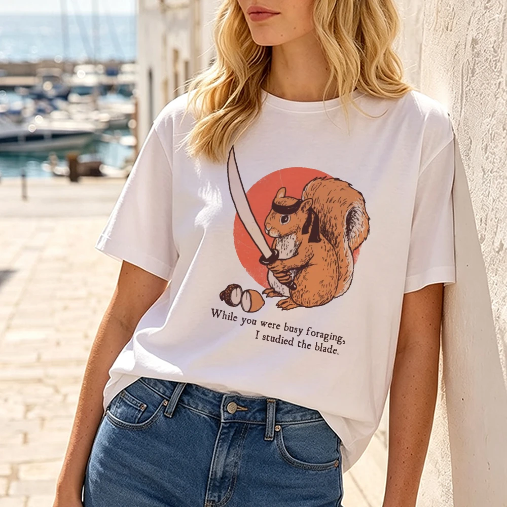 Studied The Blade Squirrel WomenCute Cartoon Art Blouse White Graphic Tee Shirt Funny Ninja Animal Print Summer Tops