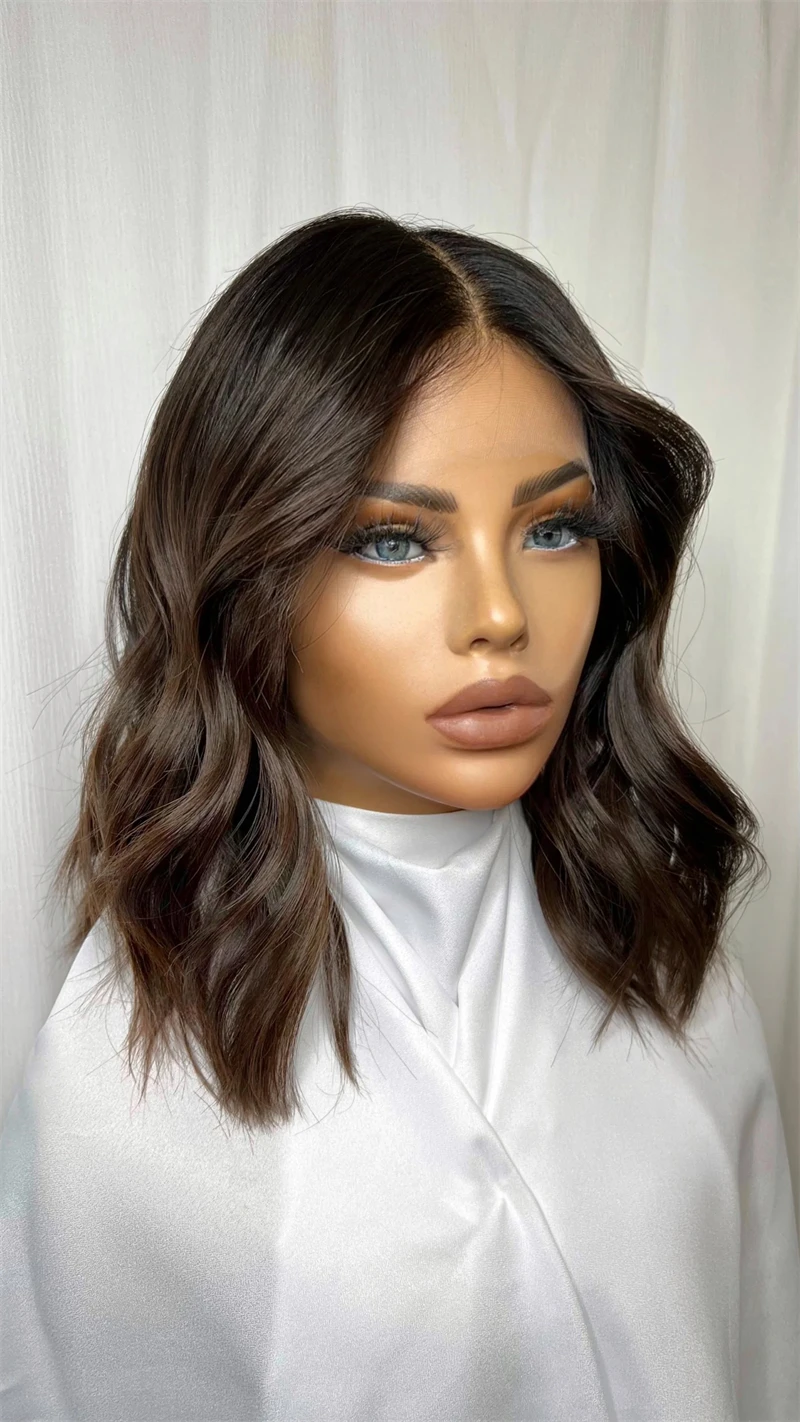 Dark Brown Highlights Realistic Wigs Woman Bob Lace Front Wig Synthetic Soft Hair Glueless Wigs on Clearance Loose WAve Wear Go