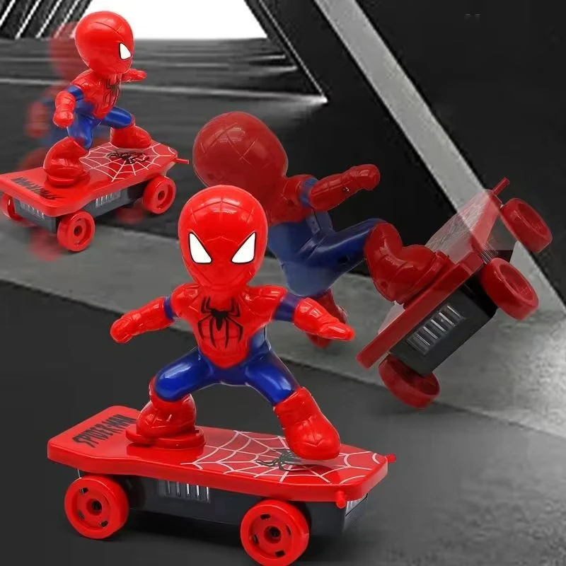 Spiderman Skateboard Rotasi Flip Otomatis Mobil Acousto-optik Mainan Anime Skuter Aksi Musik Listrik Hadiah Ulang Tahun Natal