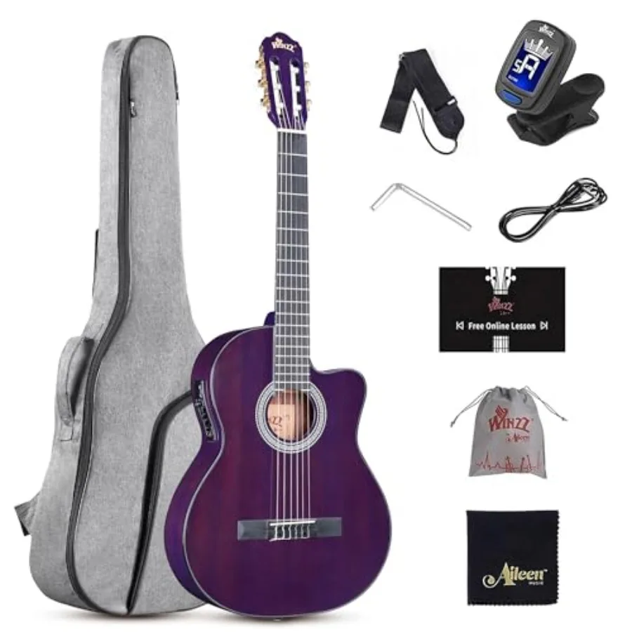 

39 Inches Cutaway Nylon-string Classical Electric Guitar with Built-in Pickup Kit Set in Glossy Purple Includes Online Lessons