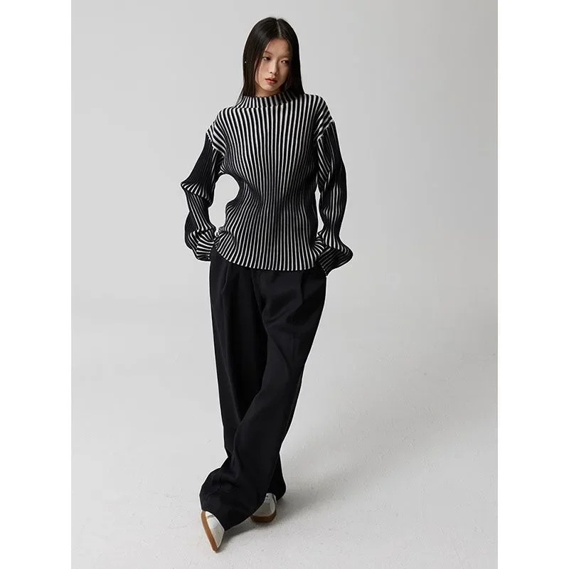 Korean Sweater for Women Y2k Tops Stand Neck Long Sleeve Tunic Jumper Vintage Fashion Striped Knitted Pullovers Coat Sueter