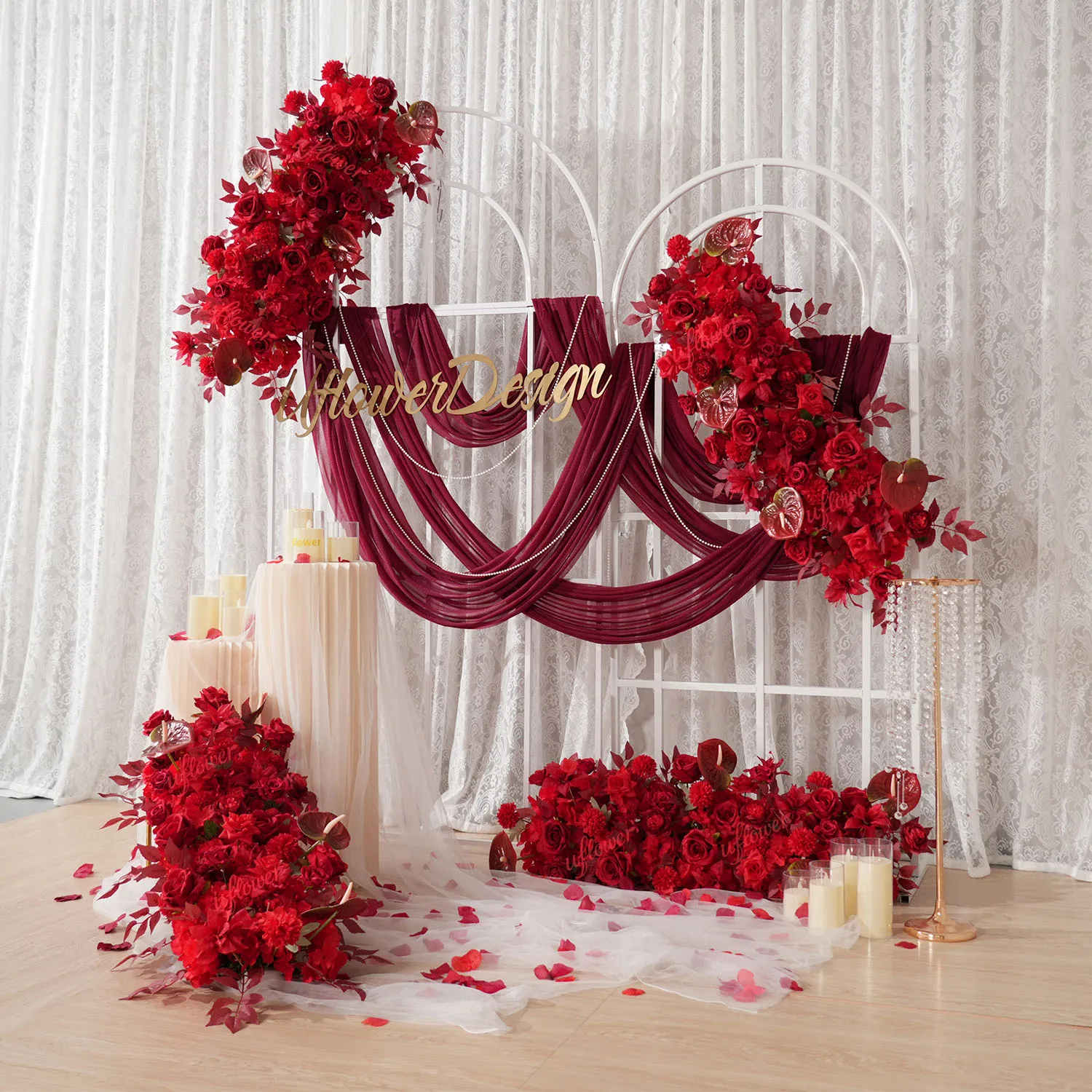 Uflower Red Flower Row Wedding Arch Decorative Backdrop Table Centerpiece Event Prop Floor Road Event Flower Arrangement