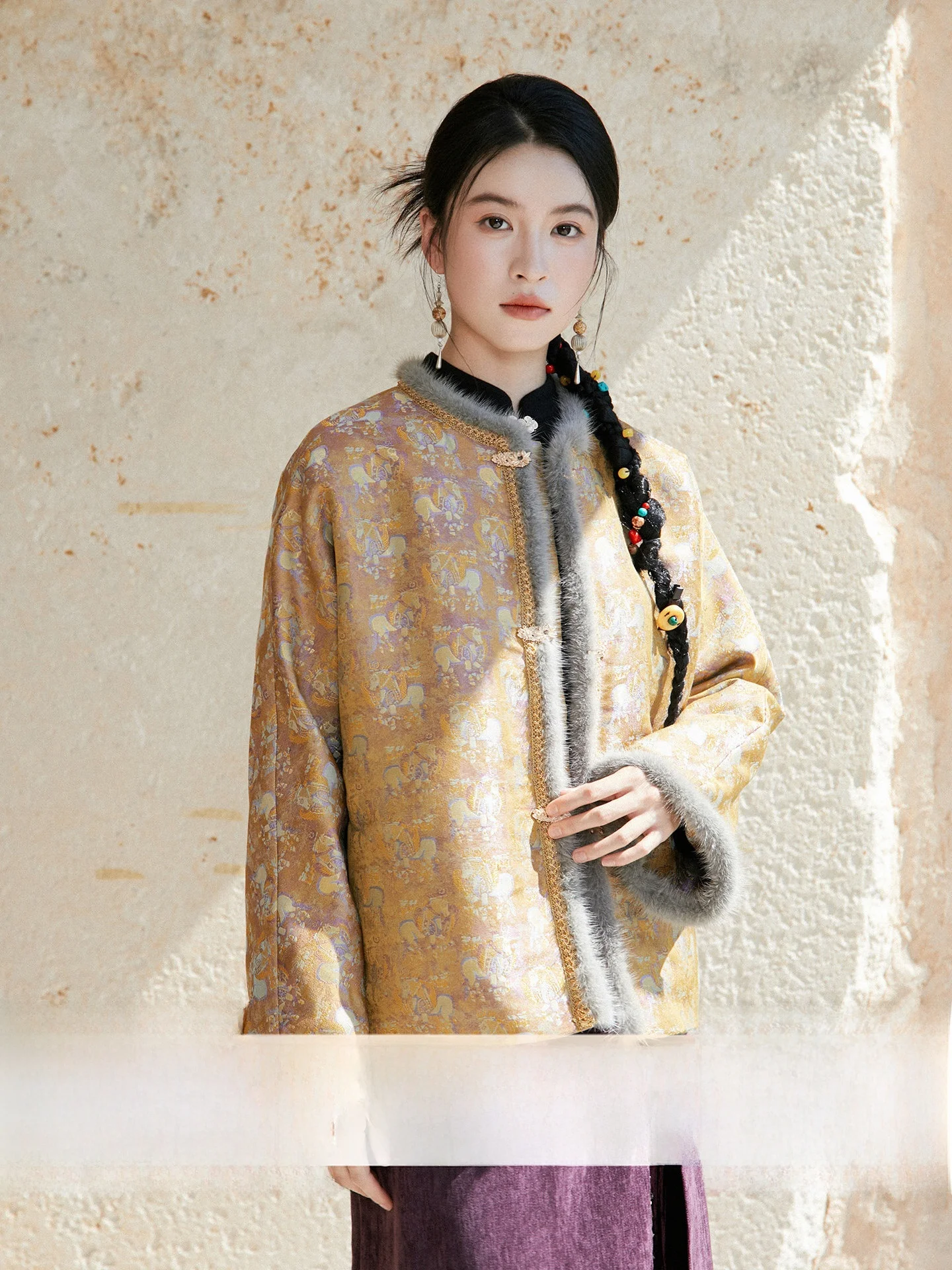 

Anytime Lann Dr | Woven Purple Silk | New Chinese Sle round Ne Mink Trimmed Cotton Jaet Women's Faion