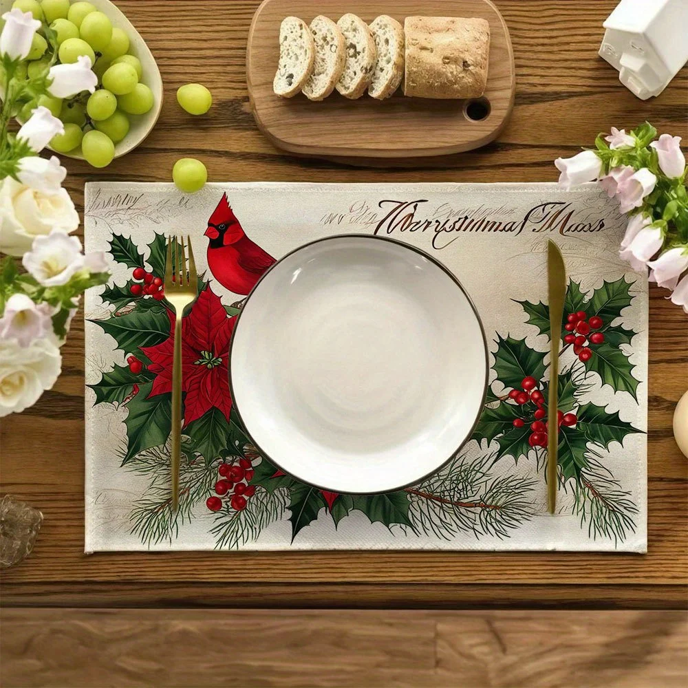 Set of 4pcs Christmas-Themed Red Cardinal Wreath Placemats Festive Cardinal and Poinsettia Design, Durable Polyester