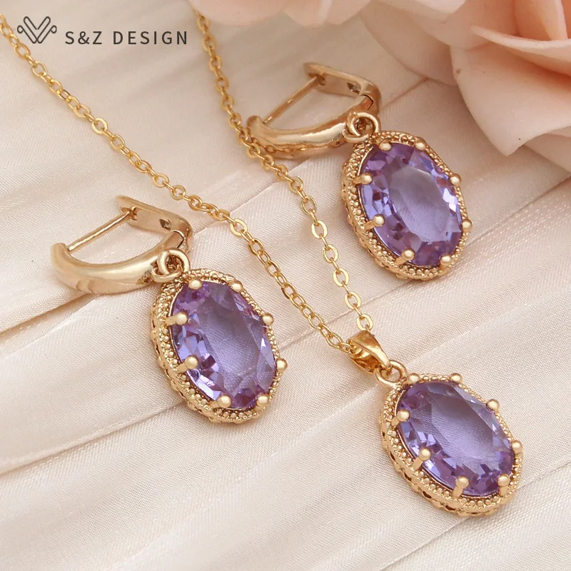 S&Z DESIGN New Fashion Egg Shape Oval Cubic Zirconia Drop Earrings Jewelry Sets For Women Wedding Pendant Necklace Party Gift