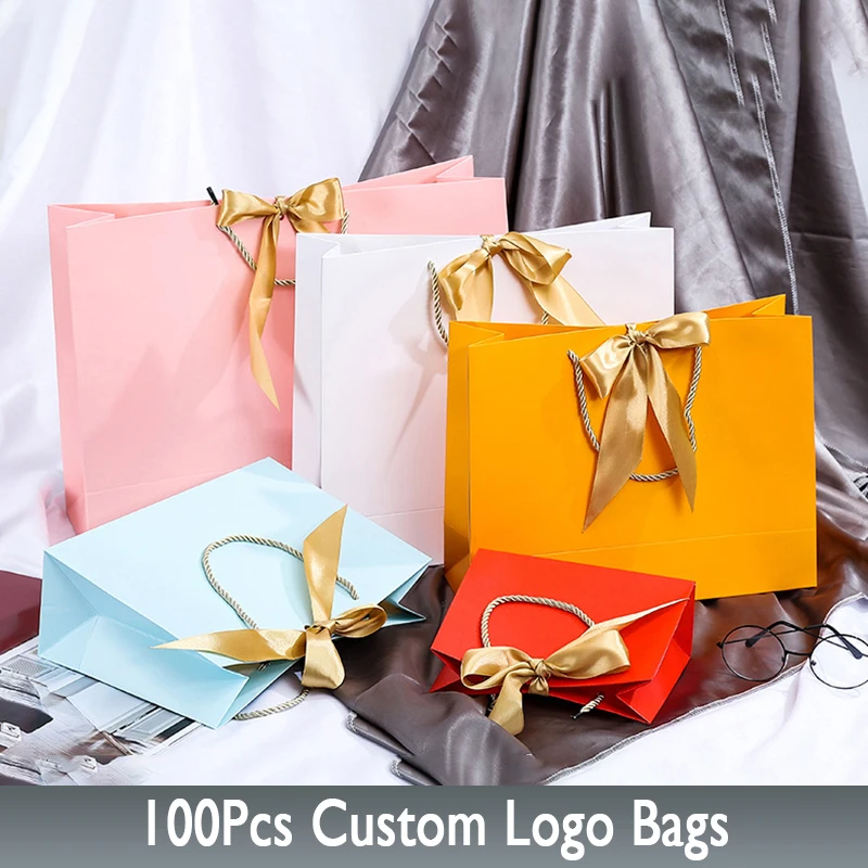 100Pcs/lot Printing Logo Paper Gift Bags Gold Ribbon with Handle Customized Business Bags Tote Bags For Business Free Design