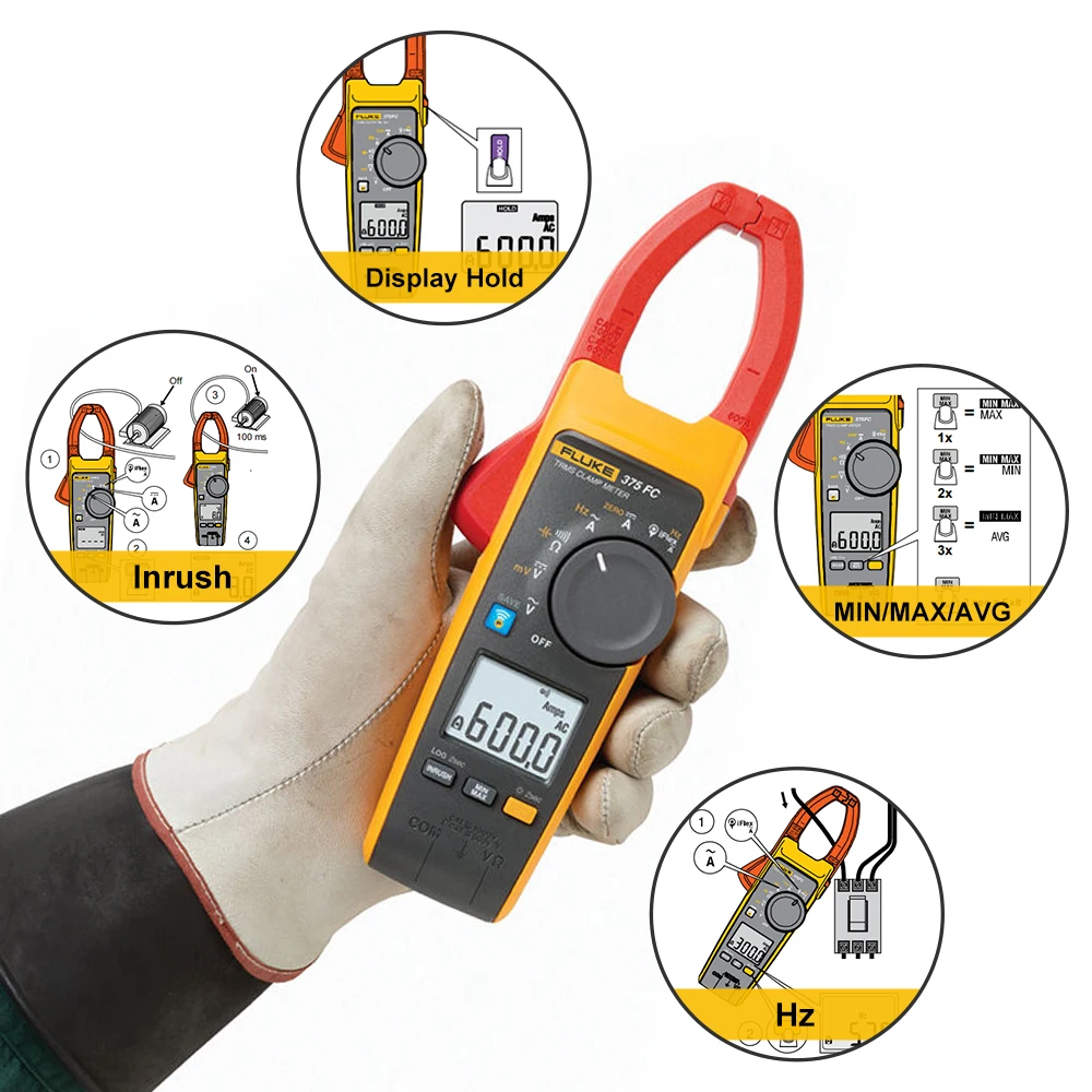 FLUKE 375 375FC RMS AC/DC Clamp Meter ,600 A AC and DC Current Measurement 1000 V AC and DC Voltage Measurement