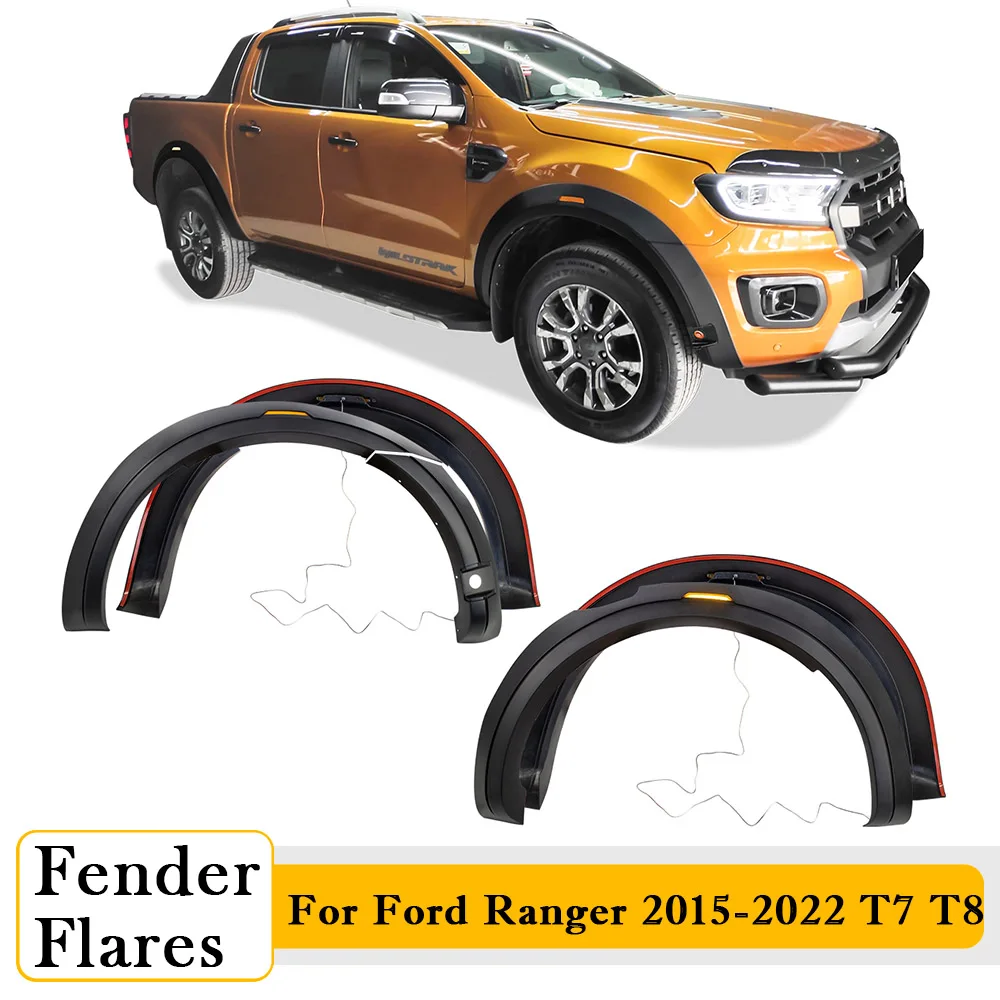 5'' Wheel Arch Protector Fender Flares For Ford Ranger 2019-2022 With Parking Sensor Reflector Style LED Light Style Mudguards