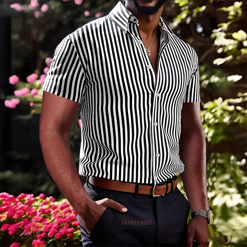 2026 Summer New Men's Black and White Striped Short-Sleeve Shirt, Stylish Slim Fit, Breathable, Business Casual, Versatile Top