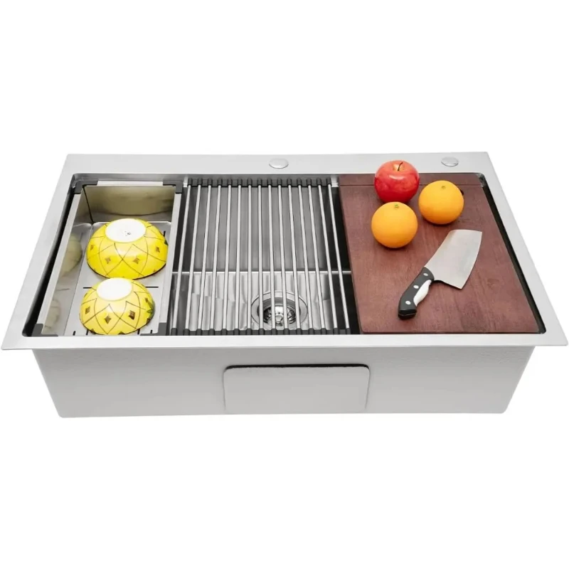 Stainless Steel Kitchen Sink, Built-in Sink 31 X 18 X 9 Inches Single Sink with Cutting Board, Holder and Strainer
