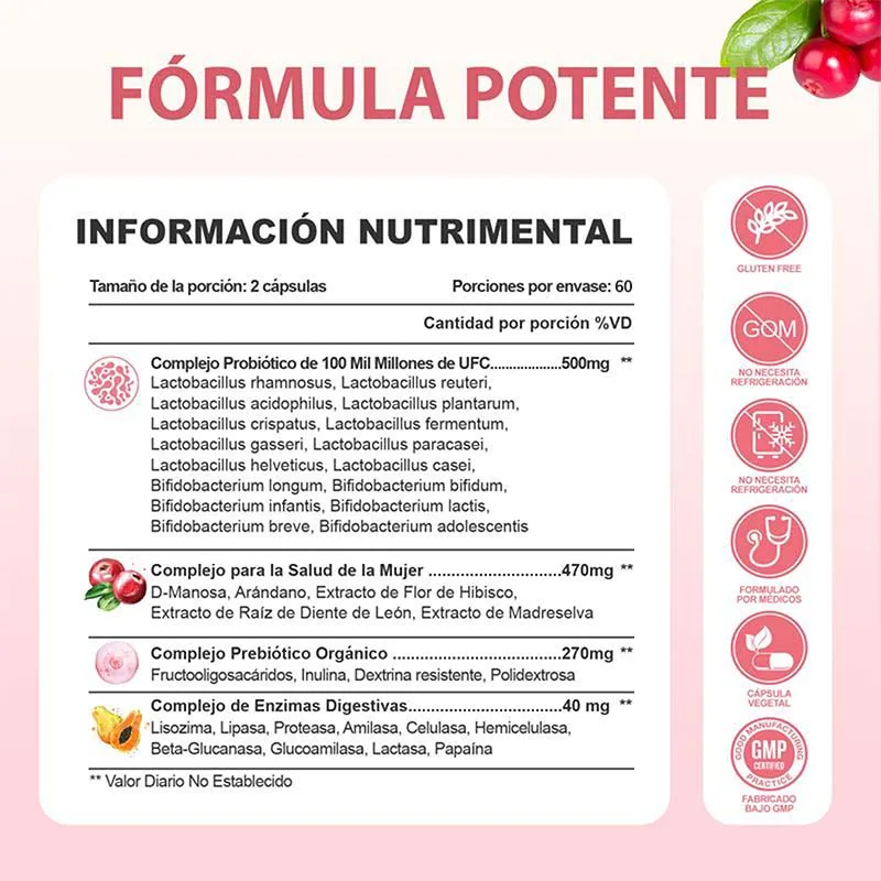 PROBIOTICOS MUJER Capsules - Regulate Mood, Reduce Menopausal Discomfort, Promotes Vaginal and Urinary Health, Enhance Vitality