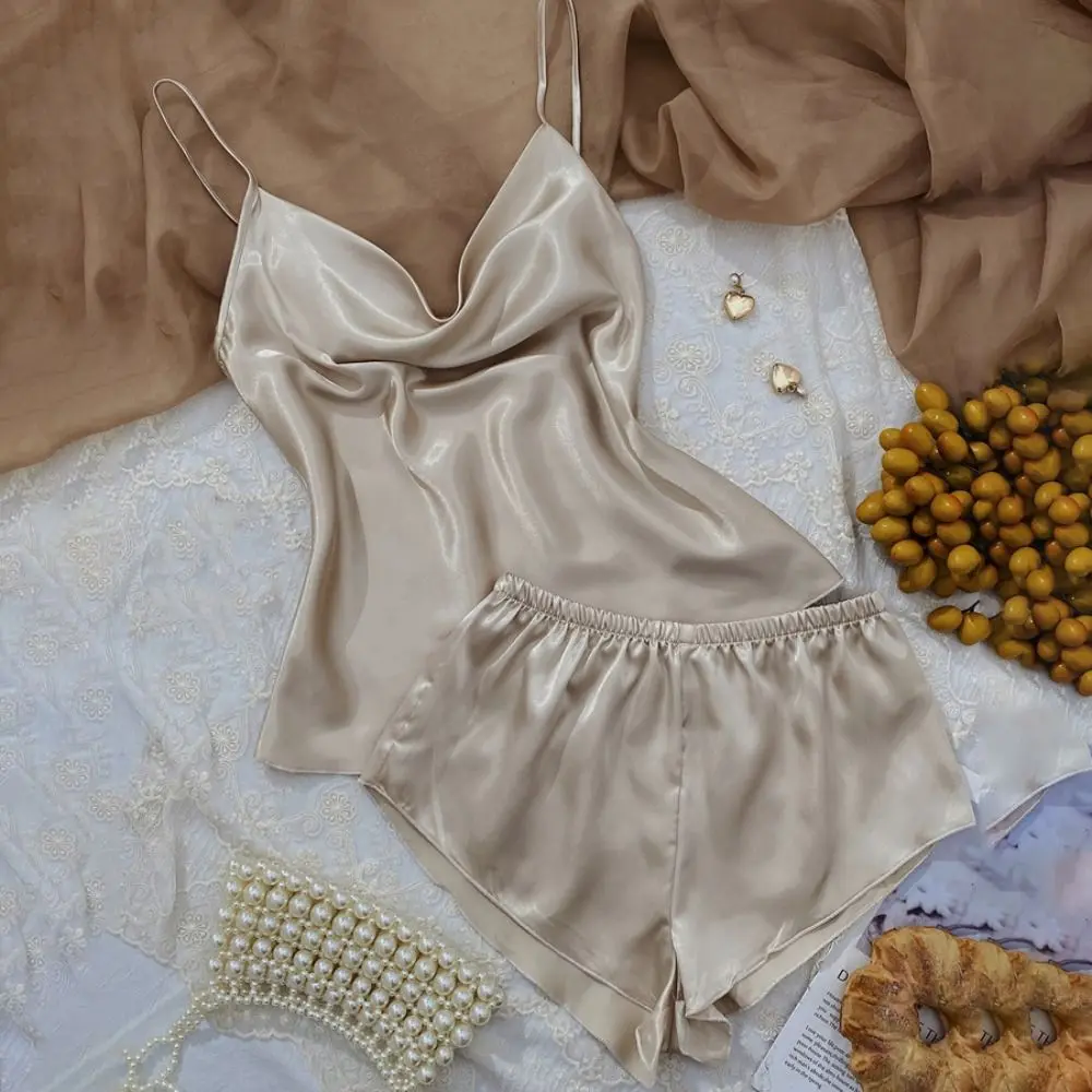 

Атласные шелковые пижамы без рукавов с v-образным вырезом, свободные шорты-бретельки, ночная рубашка, домашняя одежда, комплекты одежды для сна из ледяного шелка, летний дом