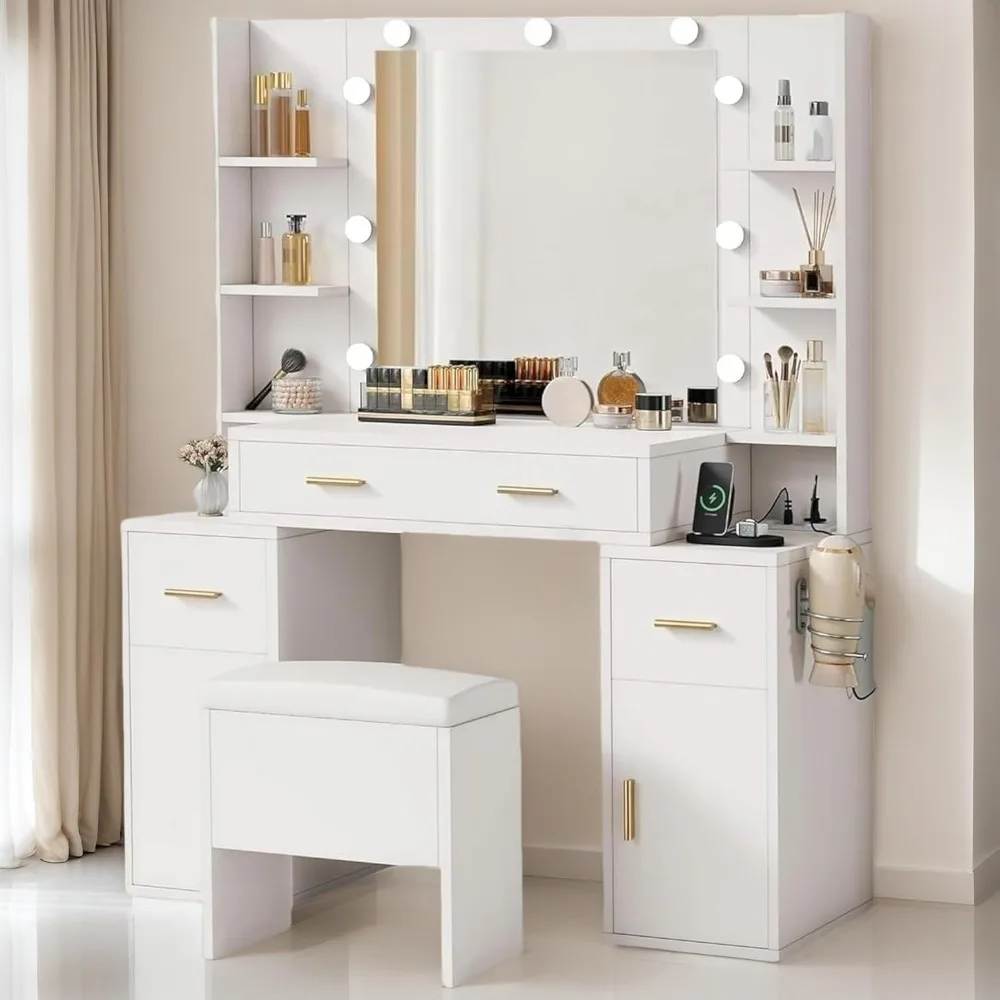 

Dressing Table with Large Mirror and LED Light, Makeup Dressing Table with Power Socket, Comfortable Stool and Storage Drawer