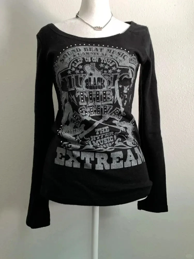HOUZHOU Vintage Gothic Black T-shirty damskie Punk Style Graficzne koszulki Grunge Harajuku Y2k 2000s Topy z długim rękawem Streetwear