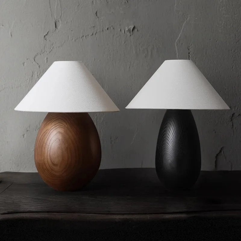 

Minimalist Retro Solid Wood Carving Table Lamp Elegant Black Wooden Desk Light Luxury Decor Bedside Living Room Office