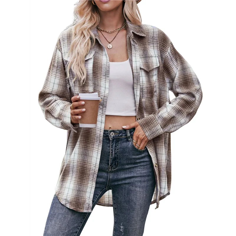 ABP-Camisa con botones a cuadros de franela para mujer, chaqueta de manga corta de gran tamaño, Top