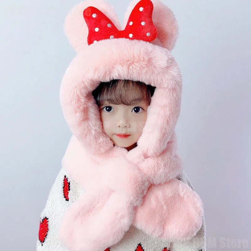 Disney Mickey Minnie Mouse New Scarf Hat Double Fleece Warmth Boy Girl Child Baby Hat Kawaii Autumn Winter Cute Children Cartoon