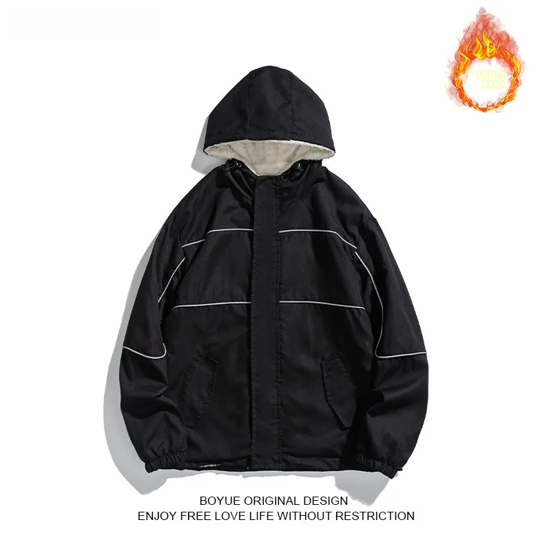 

Мужская куртка Boyue оверсайз из флиса с отражающими полосами, осенне-зимняя, теплая, из овечьего вельвета, повседневная, с длинными рукавами, свободного кроя, хлопковая