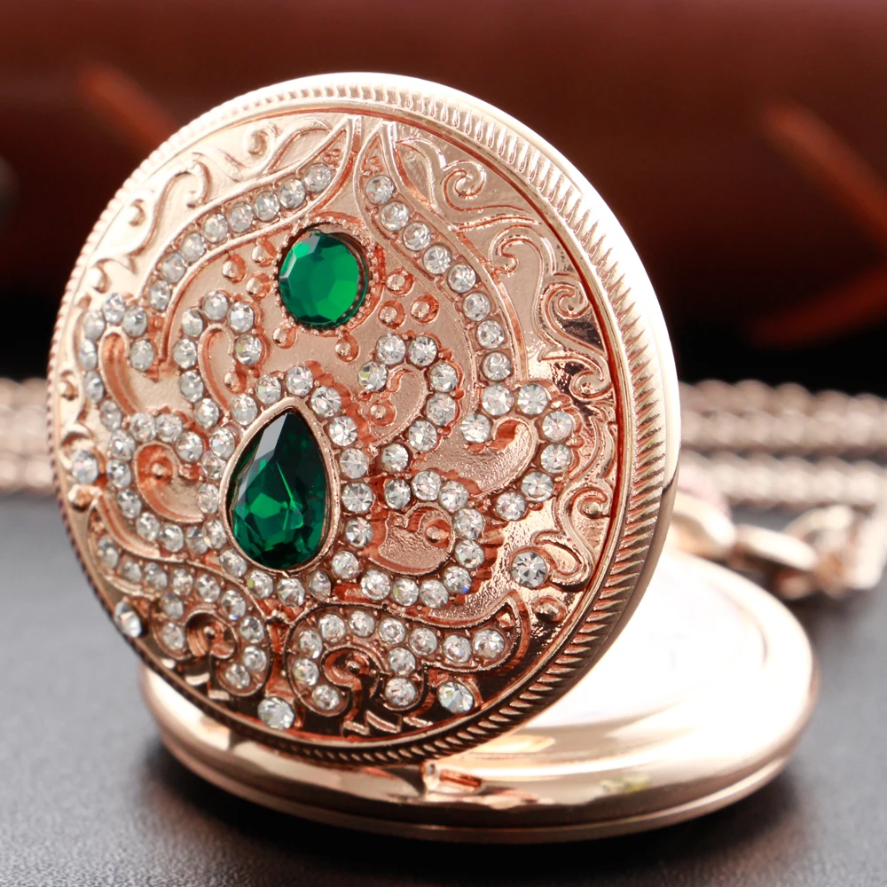 Exquisite Green Luxury Gemstone Diamond Rose Gold Quartz Pocket Watch Womens Necklace Clock Pendant Jewelry Accessories Gifts