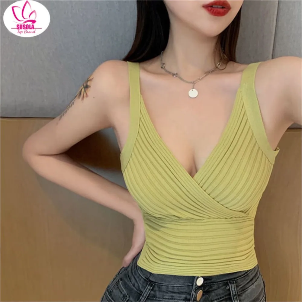 SUSOLA Summer Sweater Women Pull Femme Low Cut Sexy Knitted Vest T-shirt Deep V-neck Cropped Top Elastic Tank Top T Shirt