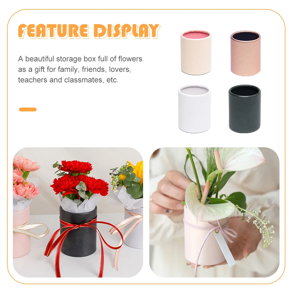 

4 Pcs Mini Hug Bucket Round Bouquet Paper Boxes Small Flower Cylinder Pink Black Gift Wrapping Cases Floral Decor