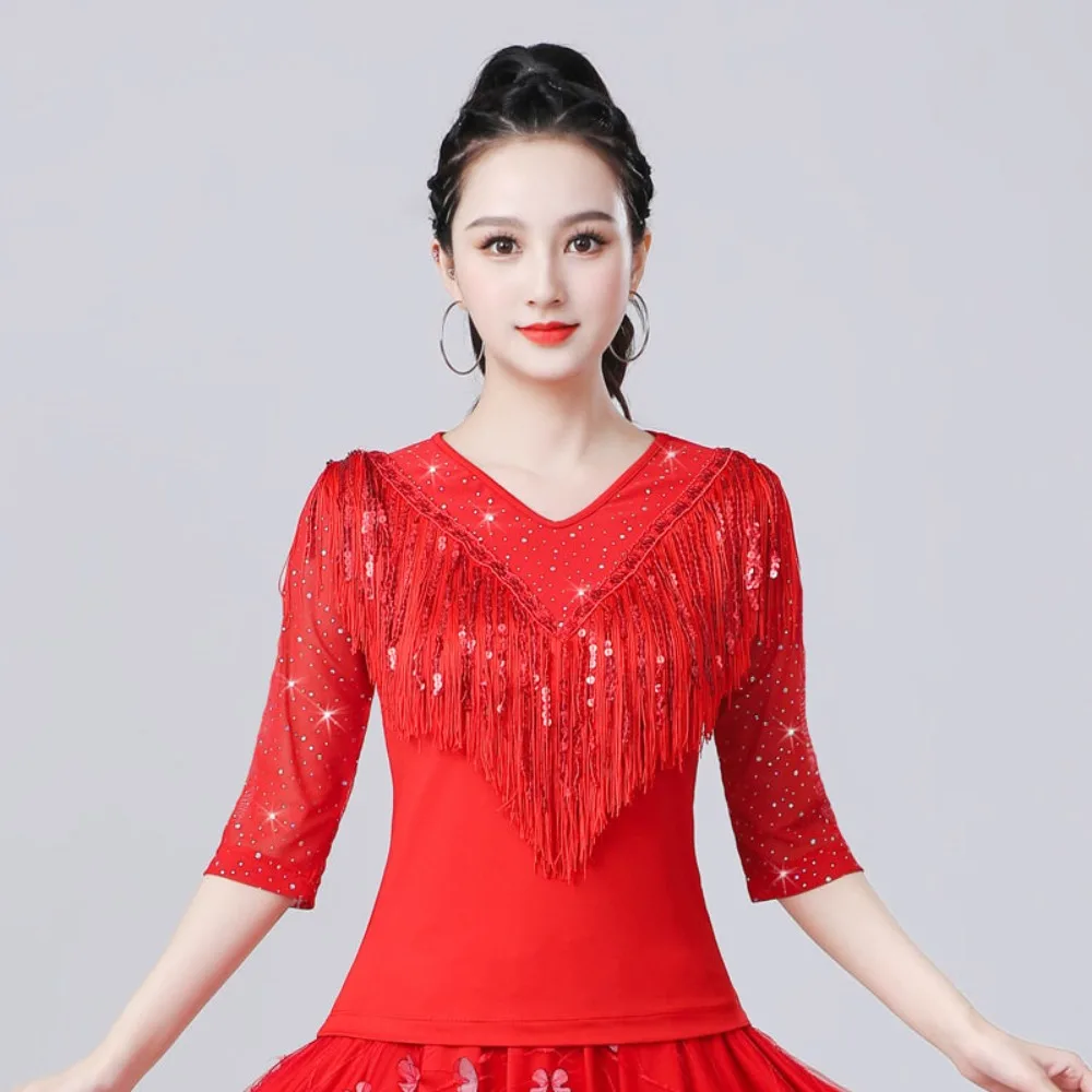 Tops Tees T-Shirts Women Clothes Shirts for Women Clothing Harajuku Y2k Top Tassel Sequin Latin Dance Wear Performance Costume