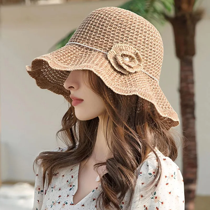 Small Fresh Hollowed-out Fisherman Hat Female Summer Foldable Beach Straw Hat Flower Leisure Sun Hat