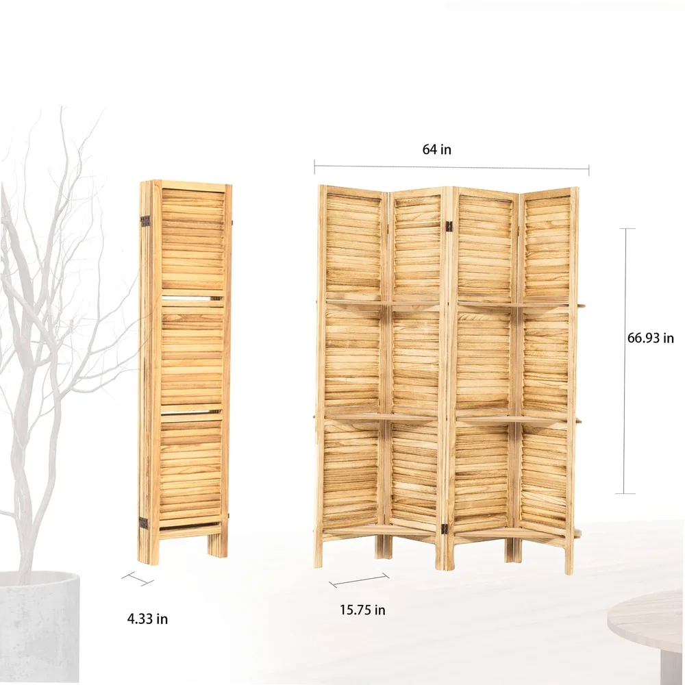 4 Panel Freestanding Wood Room Divider with Multi Layer Display Shelves Durable Natural Wood Indoor Partition Organizer