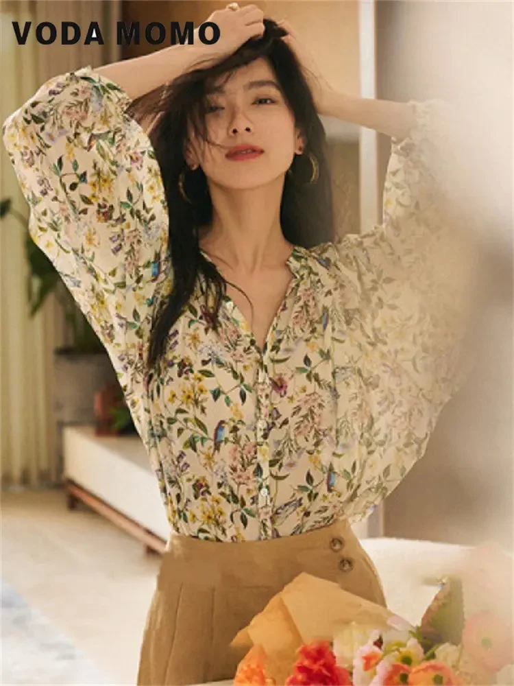 Summer Thin Soft Vintage French Style Tender All-match Classic Fashion Femme Floral Shirts for Women Loose Casual Minimalist