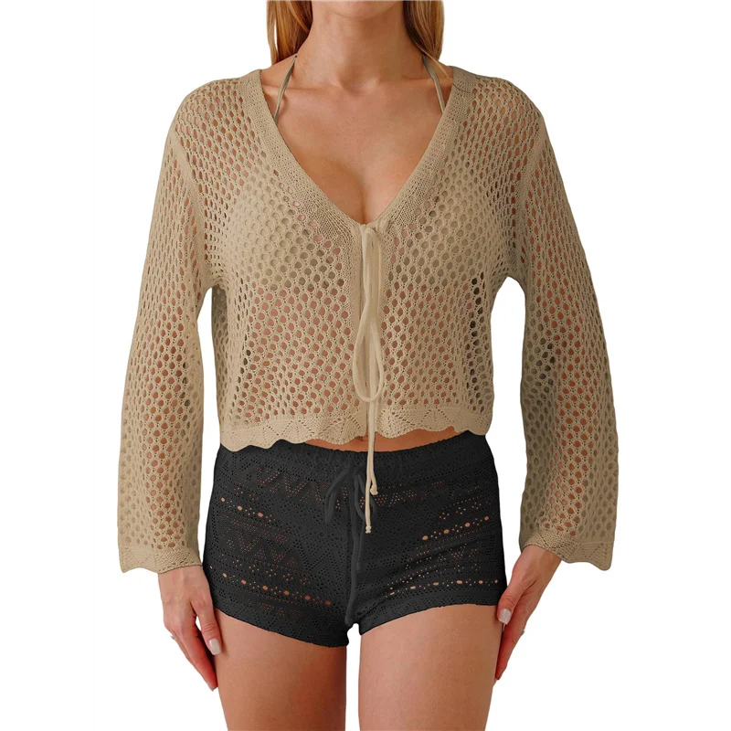 

ABRT-Womens Hollowout Crop Summer Solid Color Long Sleeves Lace Up Beach Casual Cover Up Shawl Blouse Top