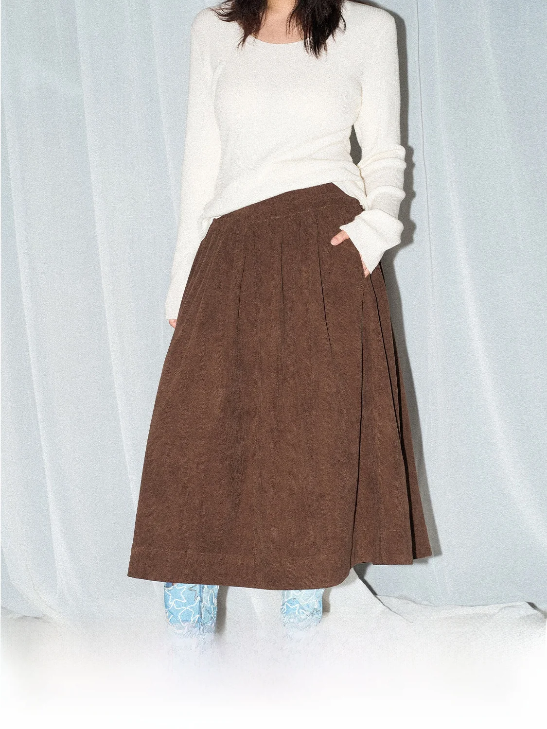 

JINGU Chestnut Cake Pattern Corduroy High Waist A-Line Skirt with Wood ain Casual Sle mid High Waist for Autumn