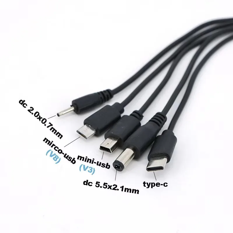 1/2/5pcs 5 in 1 USB Male to 5 Way Type-C Mirco USB Male Power Charging Cable DC 5.5x2.1mm 2.0x0.7mm Male Mini 5P V3 V8 20cm E4