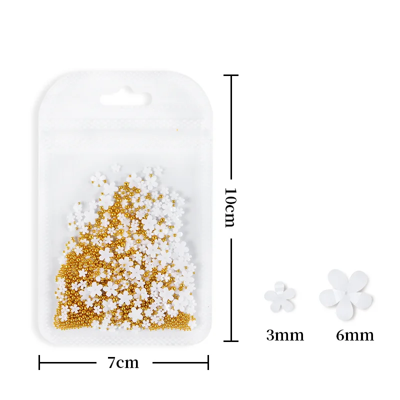 200 szt. Białe Różowe Kwiaty 3D Ozdoby do Paznokci Wiosenne Żywiczne Charmsy do Paznokci ze Złotymi i Srebrnymi Koralikami DIY Akcesoria do Manicure