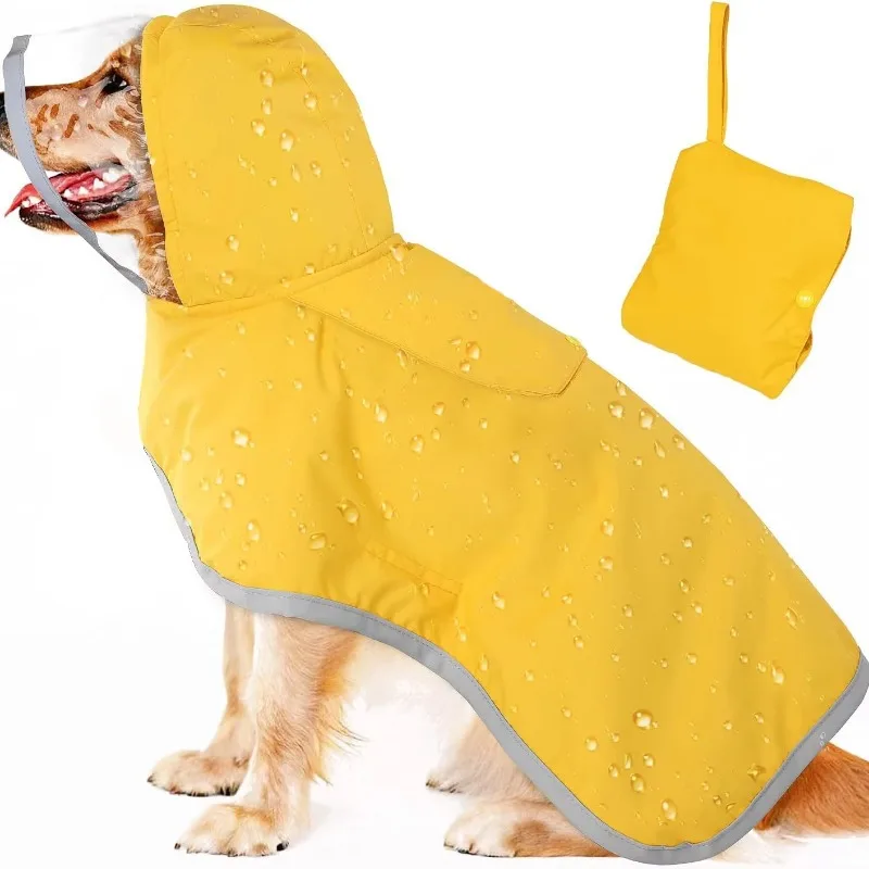 Adjustable Double Layer Waterproof Dog Raincoat Cape with Transparent Hood Reflective Storage Pocket and Edges for Large Dogs