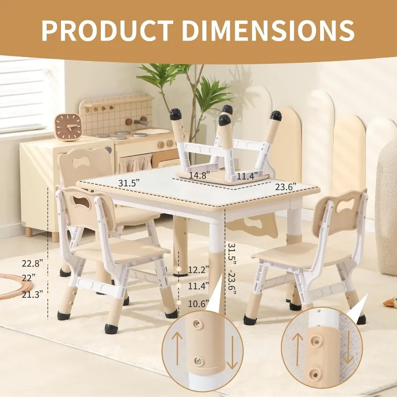 Toddler Table andChairs,Kids Table and 4 Chairs Set with Graffiti Desktop, Height-Adjustable Kids Study Table Aged 3-8,Max300lbs