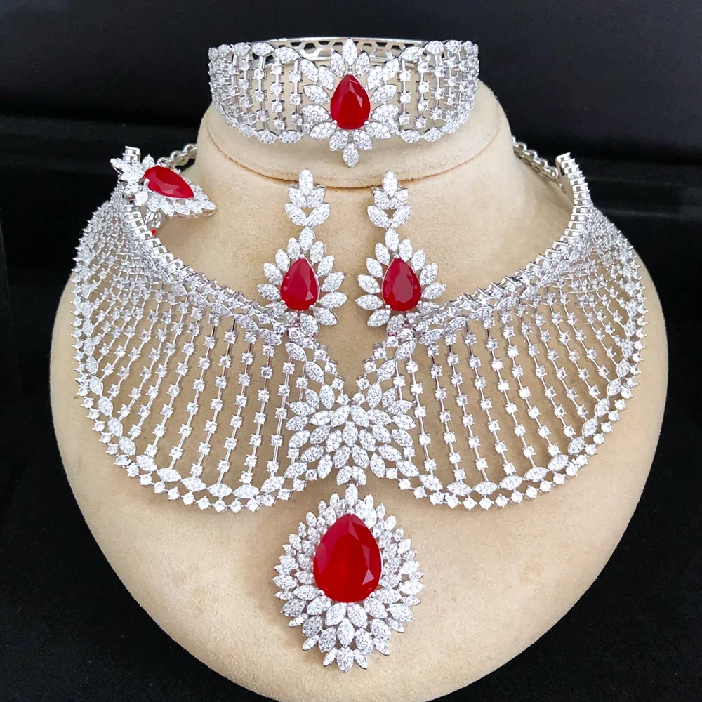

Soramoore Luxury 4PCS Big Shiny Drop Pendant Necklace Bangle Earrings Ring Jewelry Set For Women Bridal Wedding Jewelry Sets