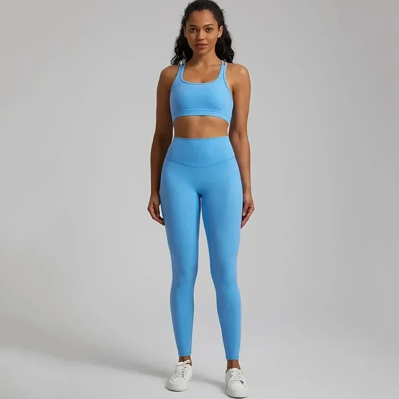 Lemon-Conjunto de Yoga para gimnasio, mallas cruzadas en la espalda, Sujetador deportivo, traje de 2 piezas, entrenamiento integral, Jog, corbata recortada, cuello redondo