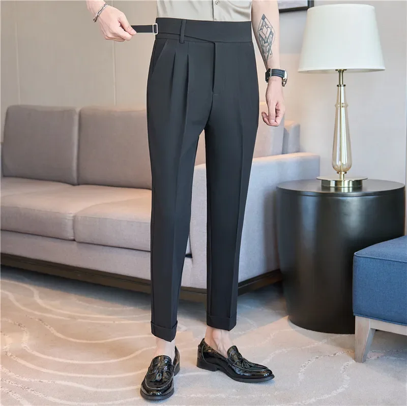 High Waisted Men Dress Pants Trousers 2024 Autumn Solid Casual Slim Suit Pants Business Straight Pantalones Hombre Men Clothing