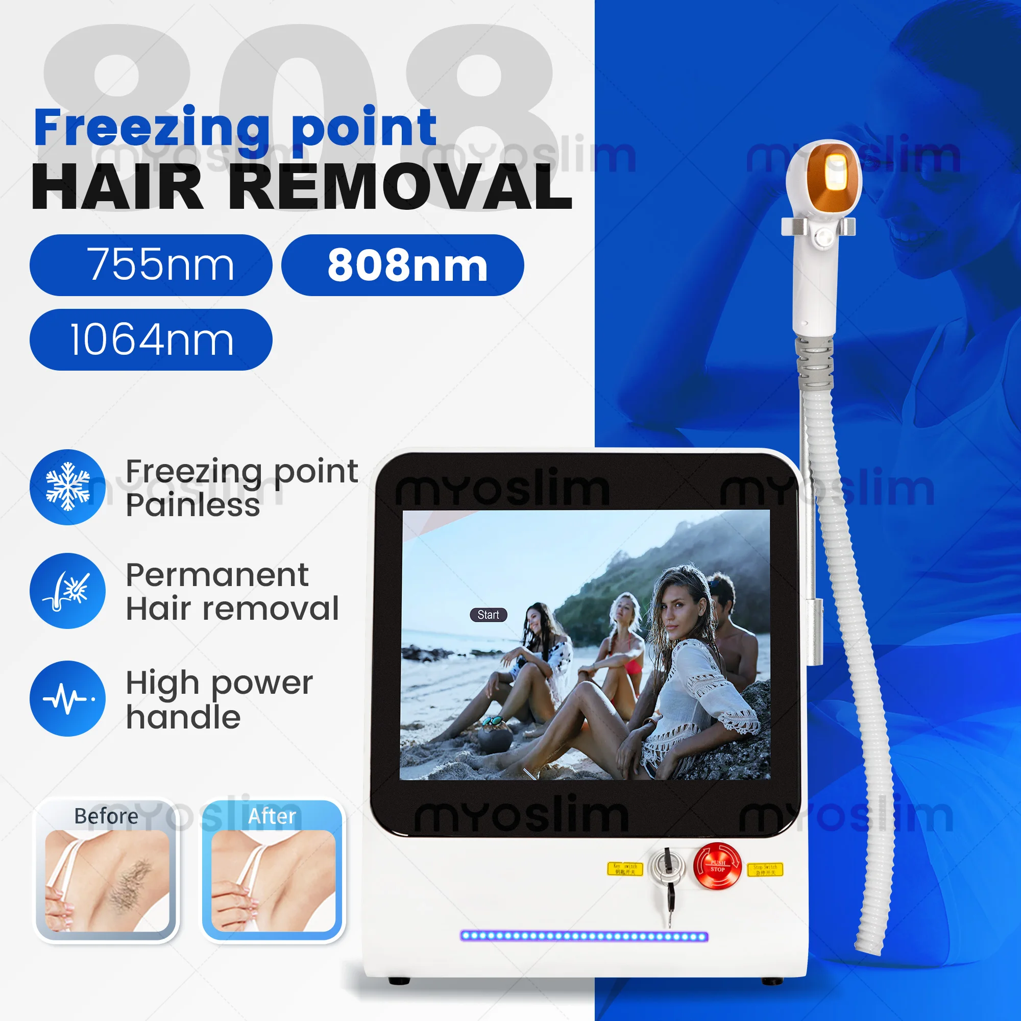 

The Latest Professional 808 Diode Laser Hair Removal Machine High Power 4000W 3 Wavelengths 755nm 808nm 1064nm.
