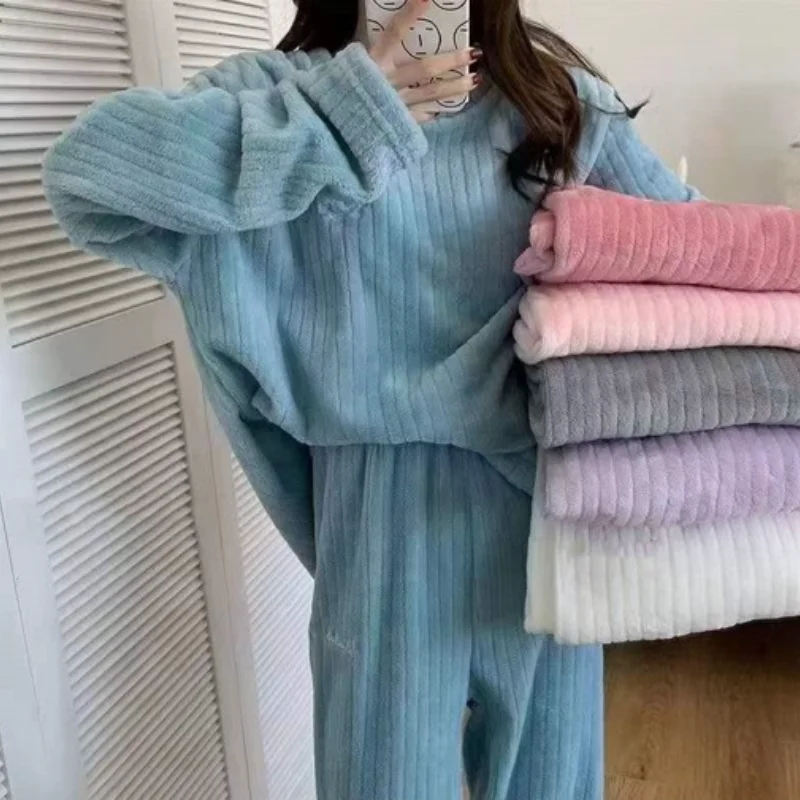 

Lady Winter Warm Sleepwear Kimono Gown Flannel Nightwear 2Pcs Shirt&pants Nightgown Soft Plush Home Wear Lazy Lounge Nightie
