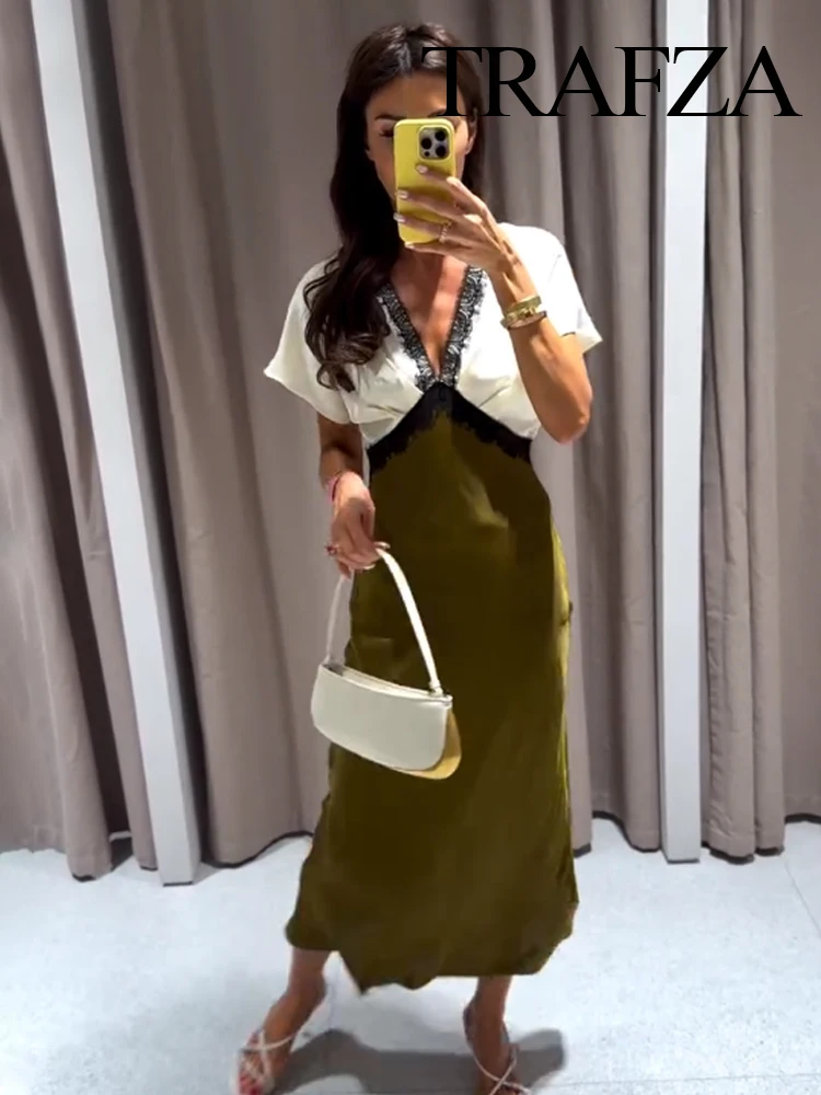

TRAZFA 2025 Women New Fashion V-Neck Short Sleeve Midi Dress Female Elegant Solid Color Lace Splicing Decoration Slim Long Dress