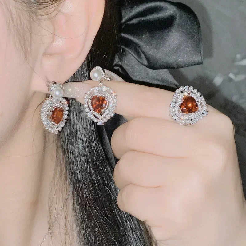 MDL Moissanit1 نمط ضوء فاخر صغير عطرة الرياح الماس أقراط اللؤلؤ وضعت مجموعة أقراط القلب مشع #4