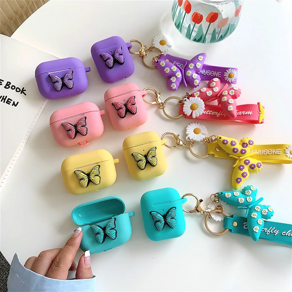 3D cute butterfly funda for airpods pro case soft silicone earphone Accessorie cover for air pods 1 2 3rd With pendant doll