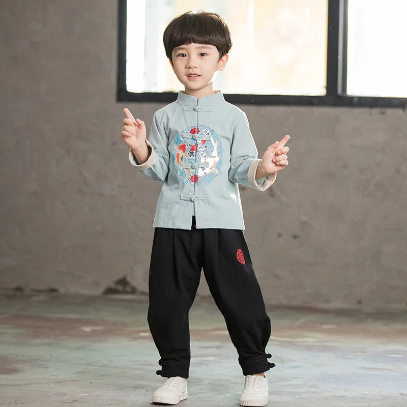 Chinese Style Boys Clothing Sets Hanfu Photo Clothes Sets Spring Autumn Suit For Girls Children Linen Kid Suit Toddler Costumes