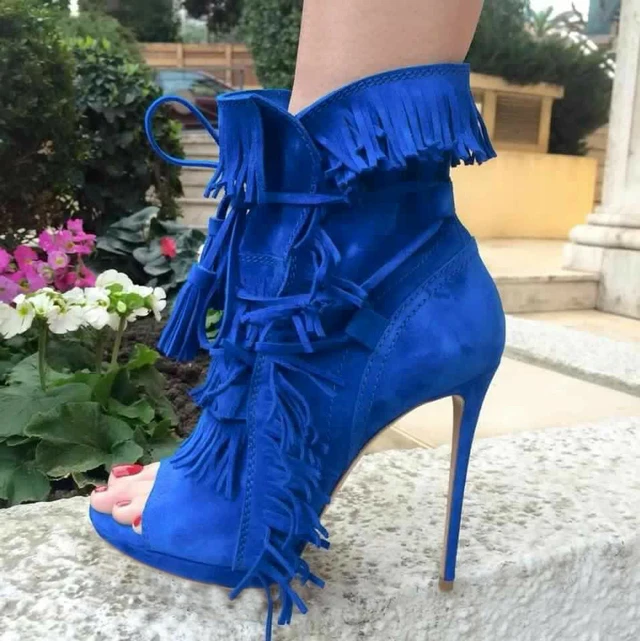 

Woman open toe Blue Suede Leather Lace-Up Tassels Ankle Booties Short Gladiator Boots crosstie Fringes Platform High Heel Boots