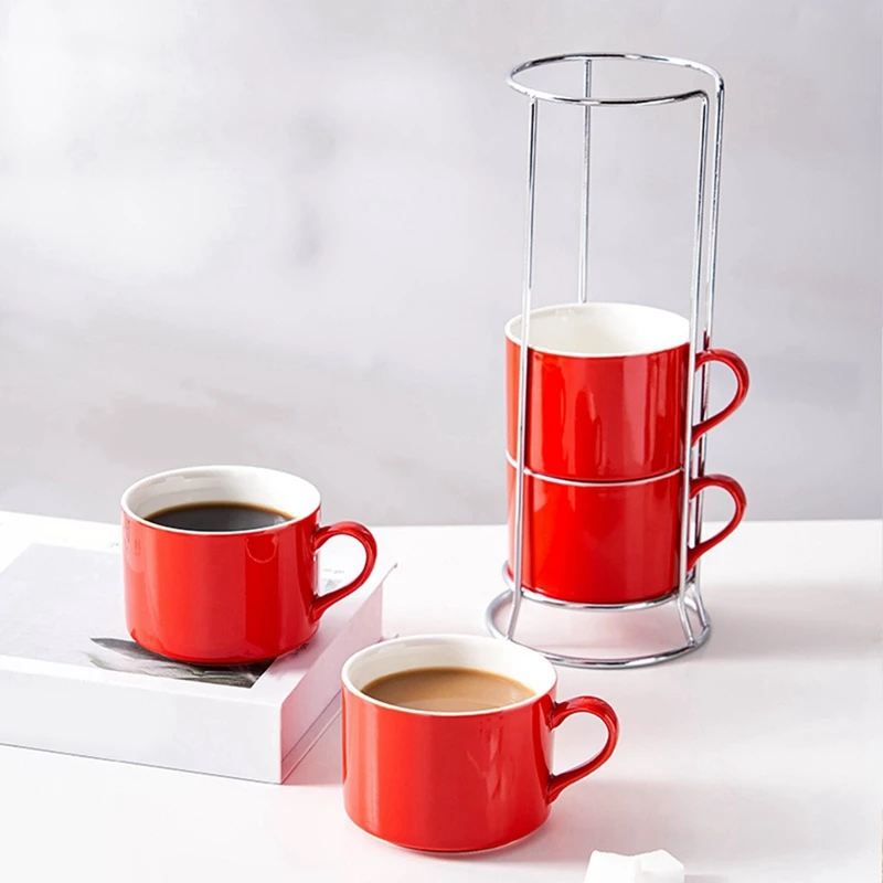 Porcelain Stackable Cappuccino Cups with Saucers and Metal Stand, Espresso Cups for Latte Coffee Cafe,Specialty Coffee E-A57M