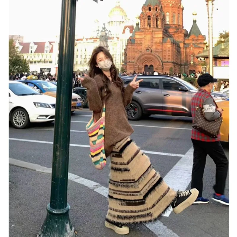 

Miiiix Korean Fashion Brown Knitted Sweater Autumn and Winter Design Feel Pure Desire Spicy Girl Sling Dress Two Piece Set
