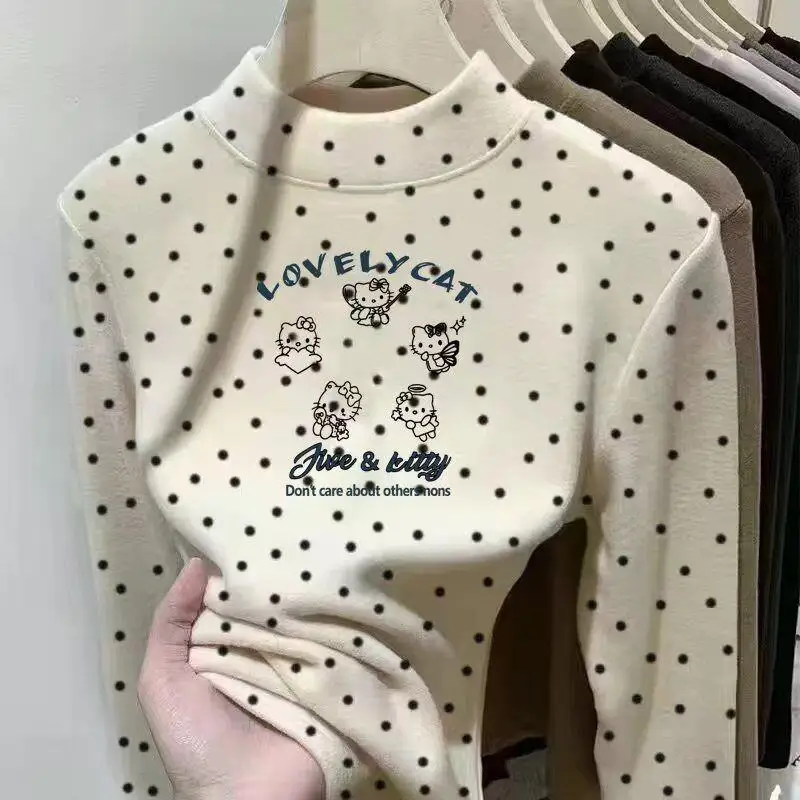 

Женская футболка Sanrio Hello Kitty с длинными рукавами и высоким воротником, термофлисовая, для девочек и подростков, осенне-зимняя, модная, в горошек