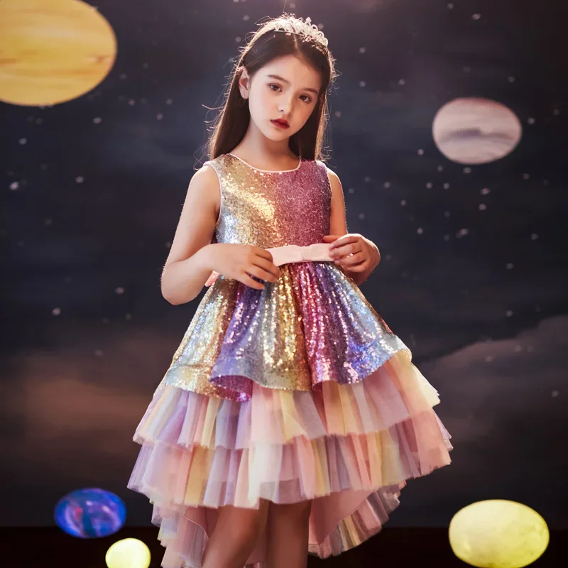 Summer Girl Princess Dress Children\'s Colorful Sequin Fluffy Mesh Dresses Role Play Party Flower Ceremonial Dress 6-12T Dresses